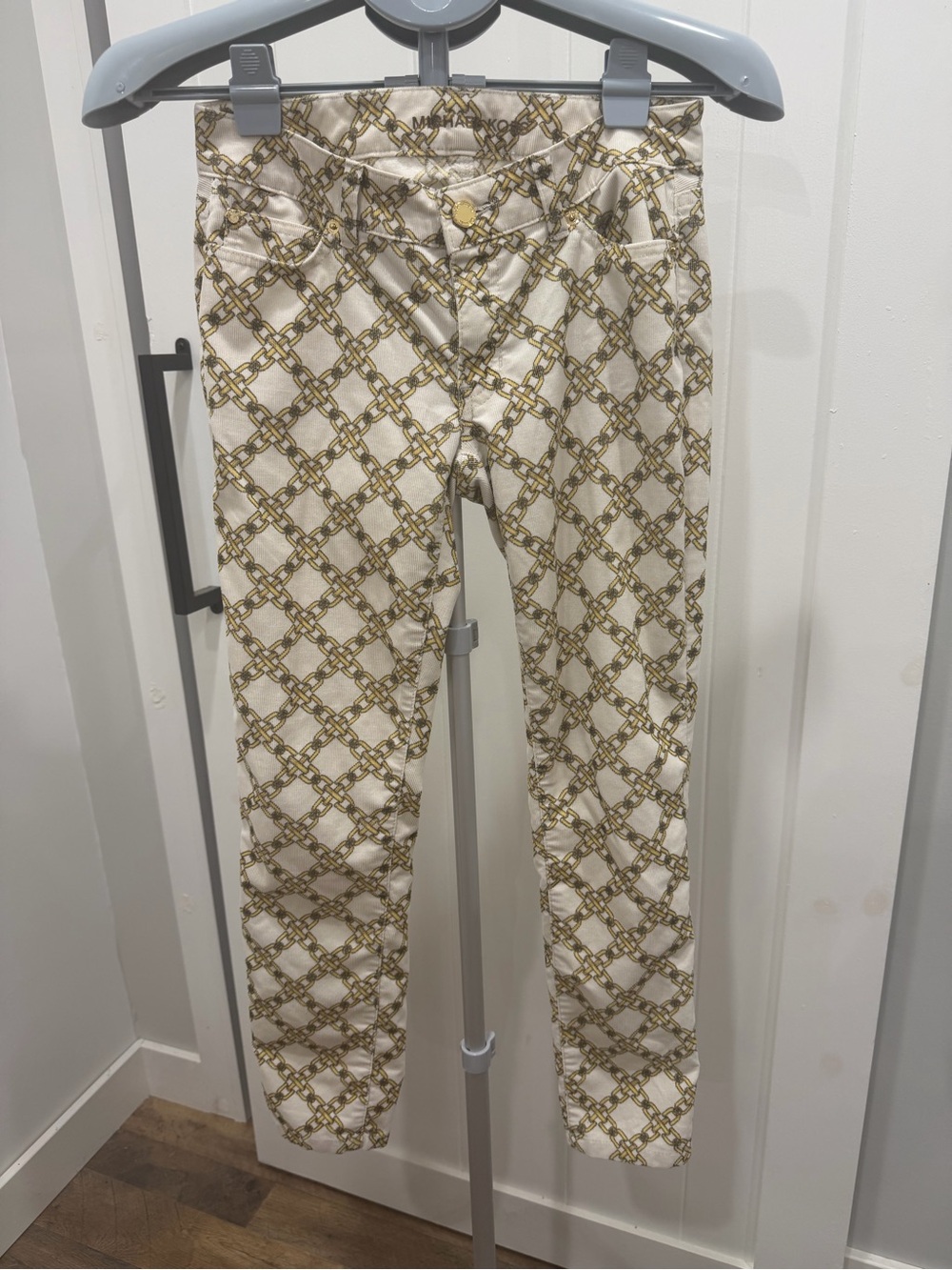 Michael Kors Cream Skinny Jeans with Gold Chain Print